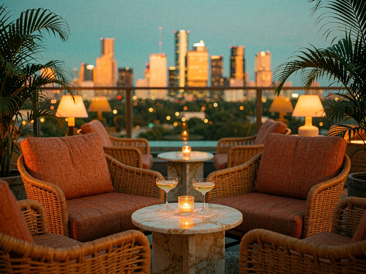 Empty upscale rooftop lounge in Houston at dusk with rattan seating, marble side table and the downtown skyline glowing beyond a glass parapet