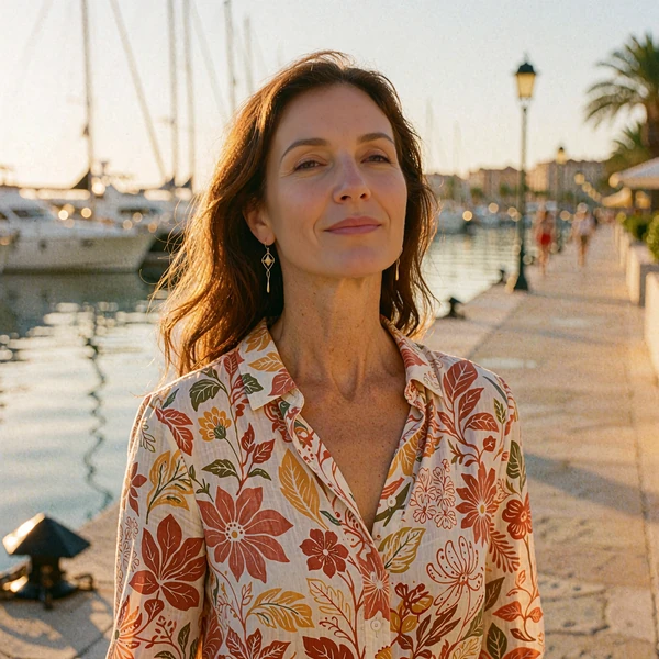 Confident woman with chestnut hair on a marina walkway at dusk, illustrative member portrait