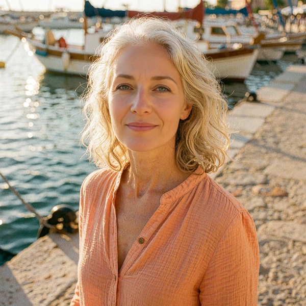 Graceful woman with silver-blonde waves walking along a harbour at golden hour, illustrative member portrait