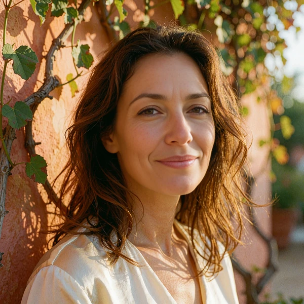 Warm-featured woman with loose chestnut hair smiling on a sunlit terrace, illustrative member portrait