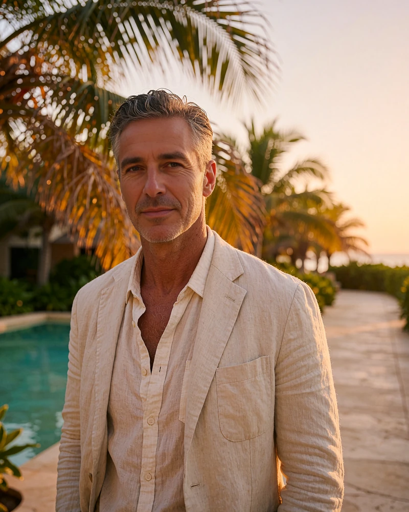 Tanned man in his late forties in a light linen blazer on a palm-lined resort walkway, demo Orlando member profile photo