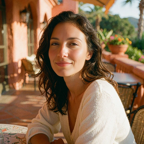 Smiling young woman with dark wavy hair at a sunlit outdoor café, illustrative member portrait