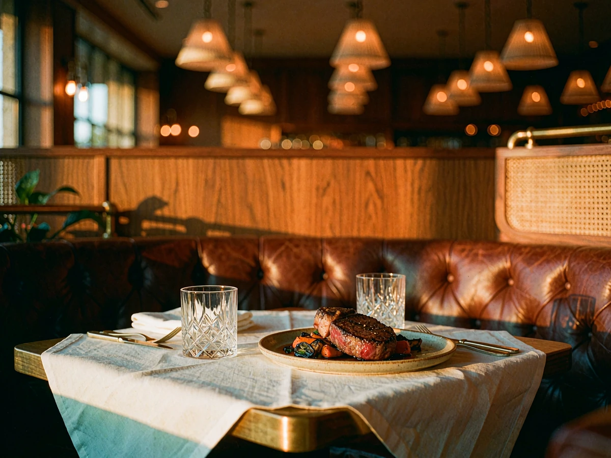 Dark leather booth for two in an upscale Dallas steakhouse with crystal tumblers, white linen and warm pendant lighting