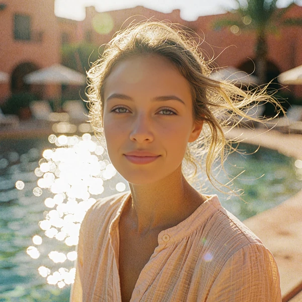 Calm young woman with sun-lightened hair on a seaside walkway, illustrative member portrait