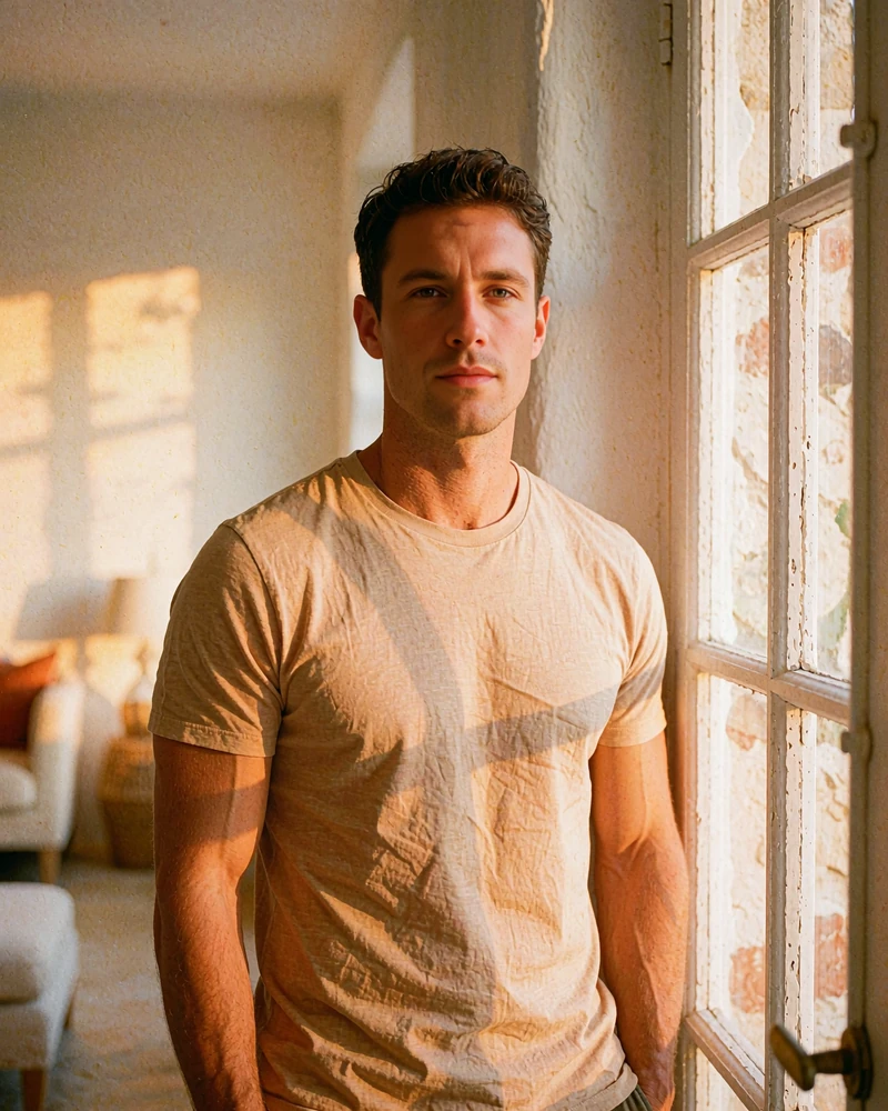 Athletic young man beside a bright window in a plain sand-coloured t-shirt, demo toy boy profile photo
