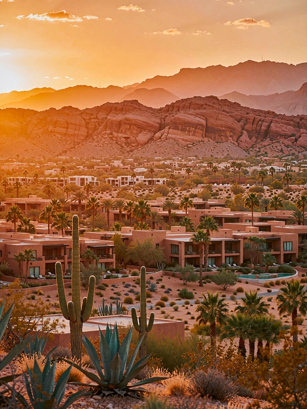 Phoenix desert resort city at sunset with saguaro silhouettes and layered red-rock mountains