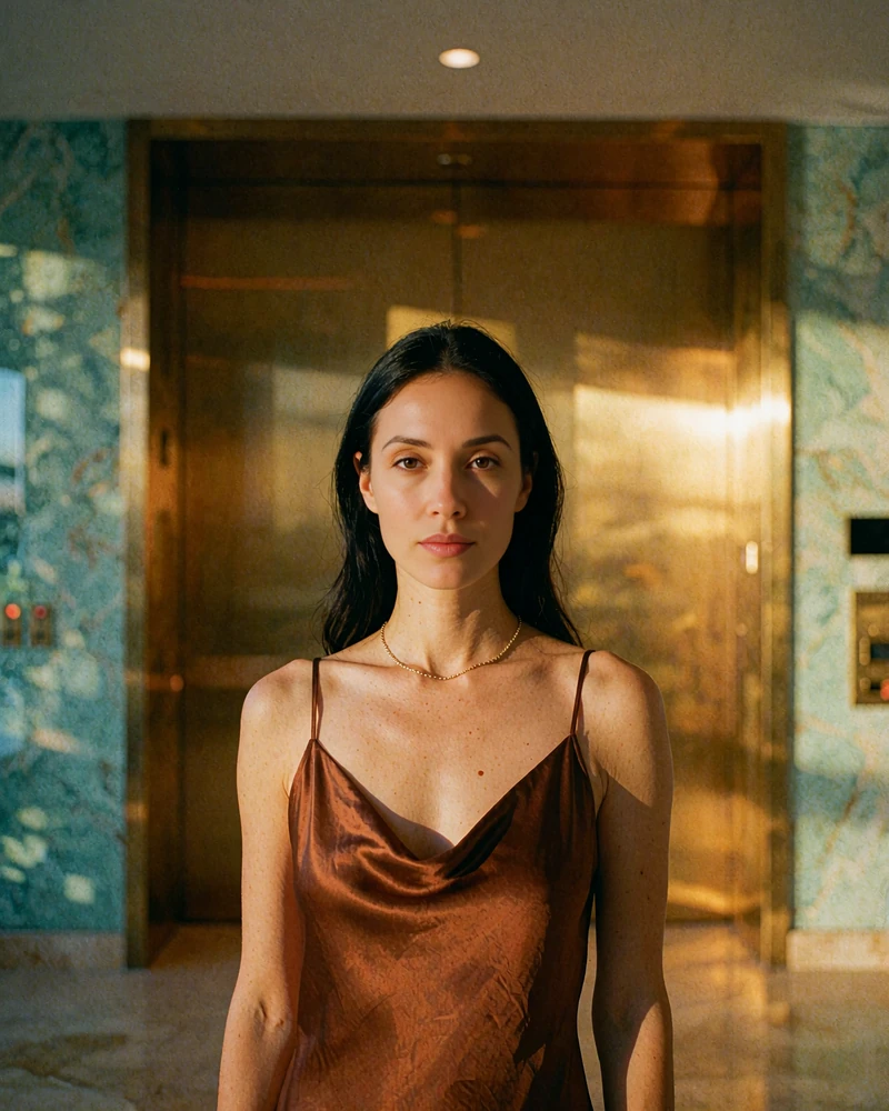 Dark-haired woman in a bronze satin dress standing in a modern high-rise lobby, demo member profile photo