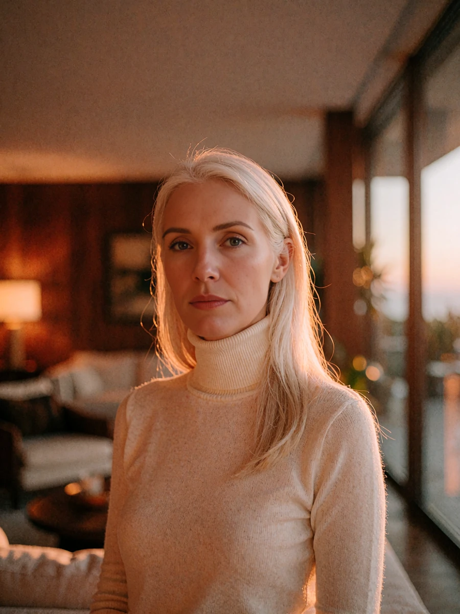 Woman with sleek platinum-blonde hair in an ivory turtleneck in a warm lounge interior, demo Denver member profile photo