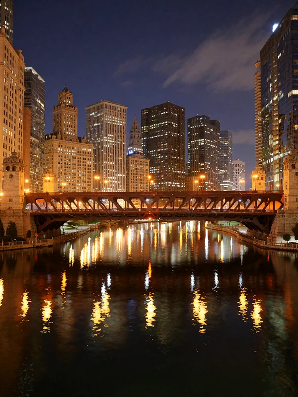 Chicago river bridge glowing at night with warm-lit towers reflected on the dark water