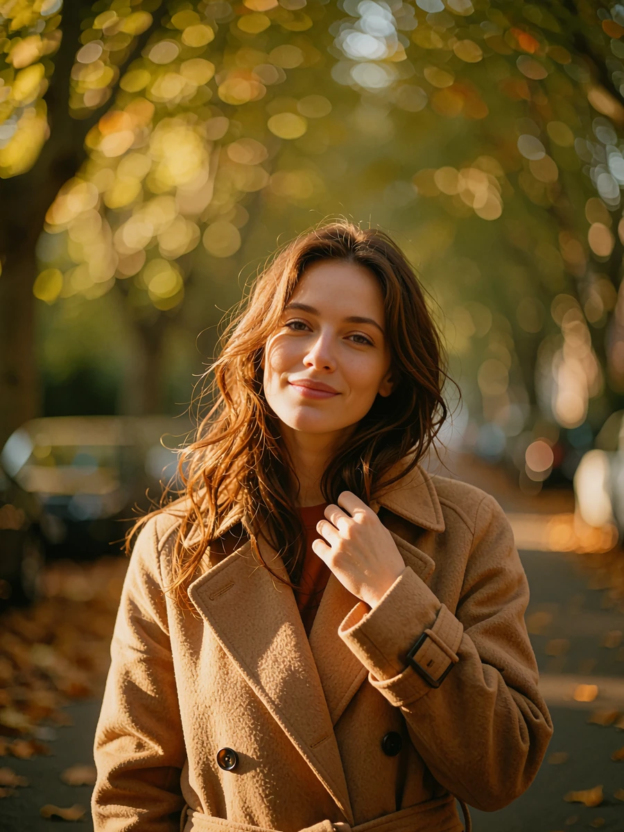 Woman with long chestnut hair in a camel trench coat on a quiet leafy Portland street, demo member profile photo
