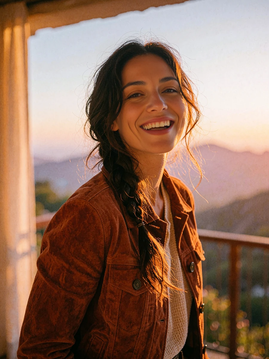 Woman with a dark side braid in a rust suede jacket laughing on a mountain-view balcony at golden hour, demo Denver member profile photo