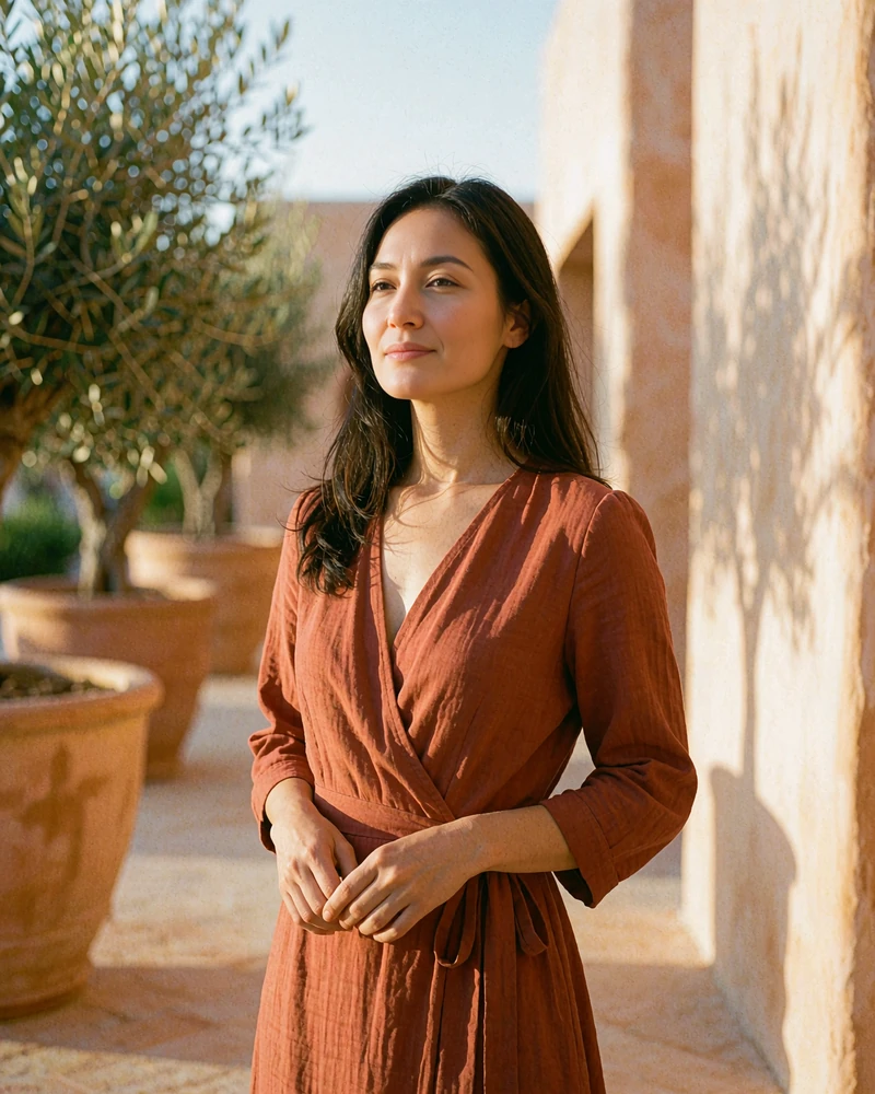 Woman in a terracotta wrap dress standing in a quiet courtyard at golden hour, demo sugar dating profile photo