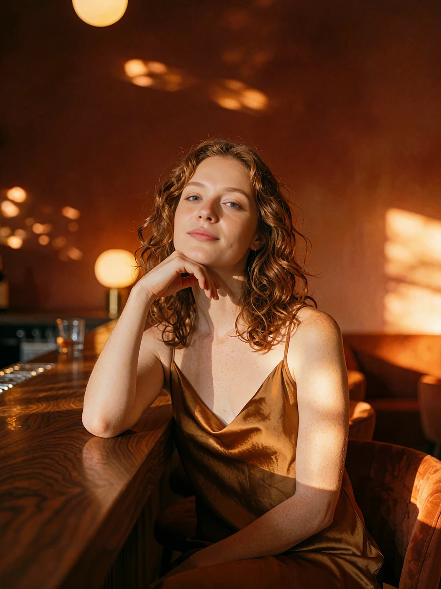 Auburn-haired woman in a bronze silk slip top at a walnut bar in an upscale cocktail lounge, demo member profile photo