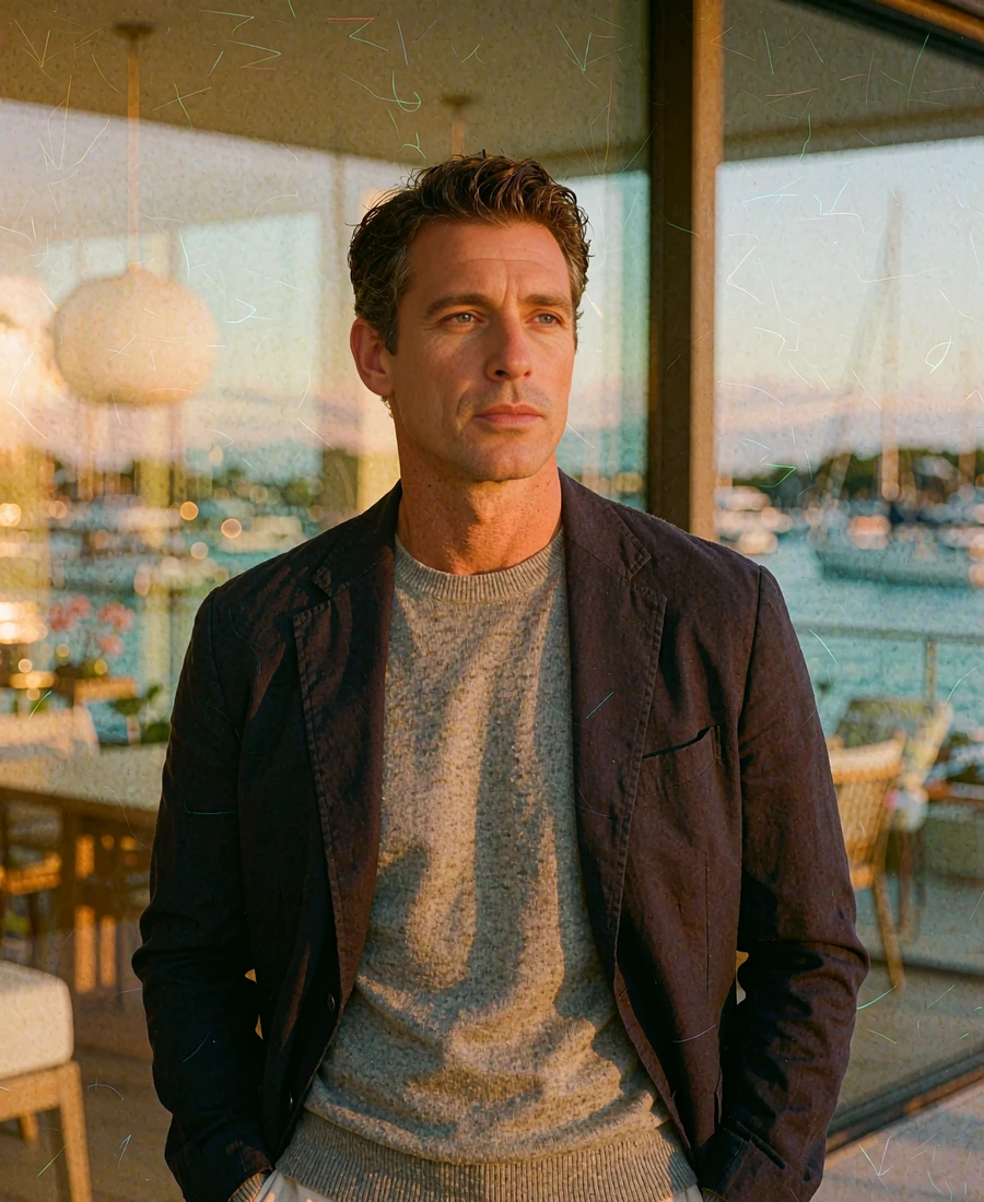 Confident man in his early forties in a merino sweater and navy blazer in a warmly lit glass-walled workspace, demo Seattle member profile photo