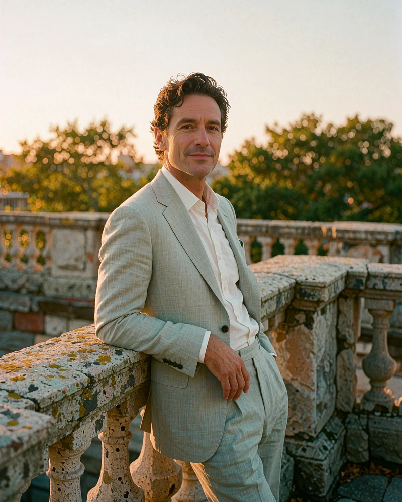Man in a light grey suit leaning against a stone balustrade on a historic Boston terrace at dusk, demo member profile photo