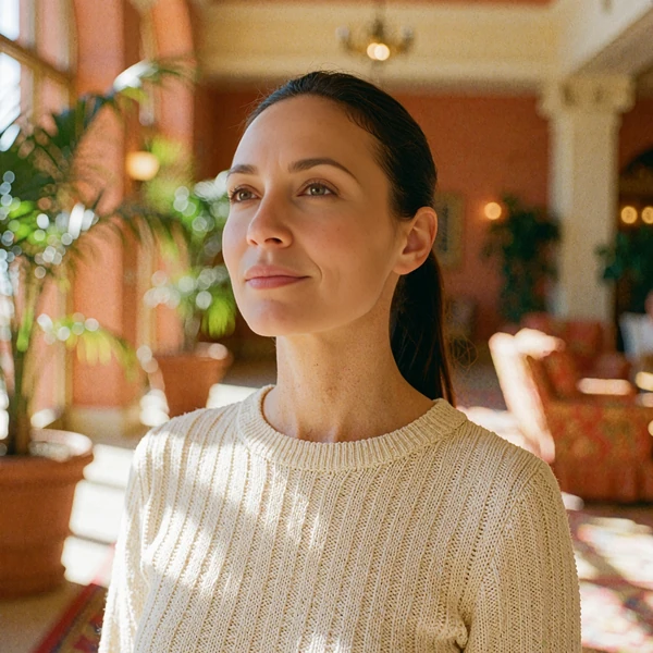 Composed young woman with a sleek dark ponytail in a bright hotel atrium, illustrative member portrait