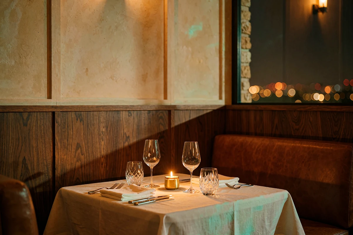 Candlelit private dining table for two set with white linen and crystal stemware inside a dark walnut-panelled Dallas steakhouse