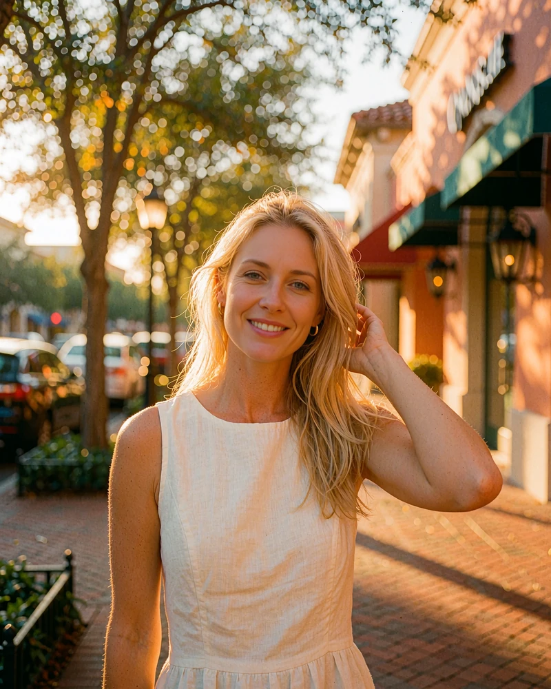 Blonde woman in an ivory linen dress on a warm brick sidewalk in an upscale Dallas shopping district, demo member profile photo