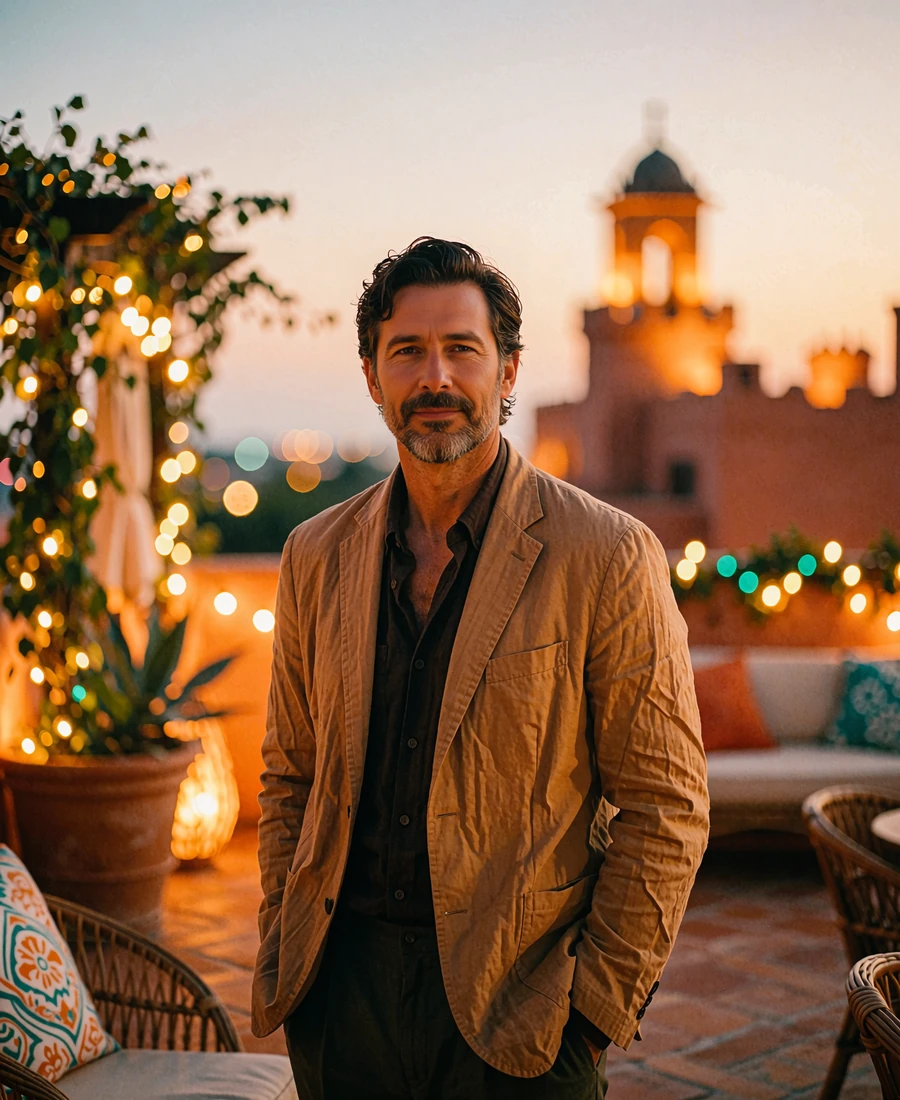 Bearded man in a camel blazer on a blurred rooftop terrace at dusk, demo Atlanta member profile photo