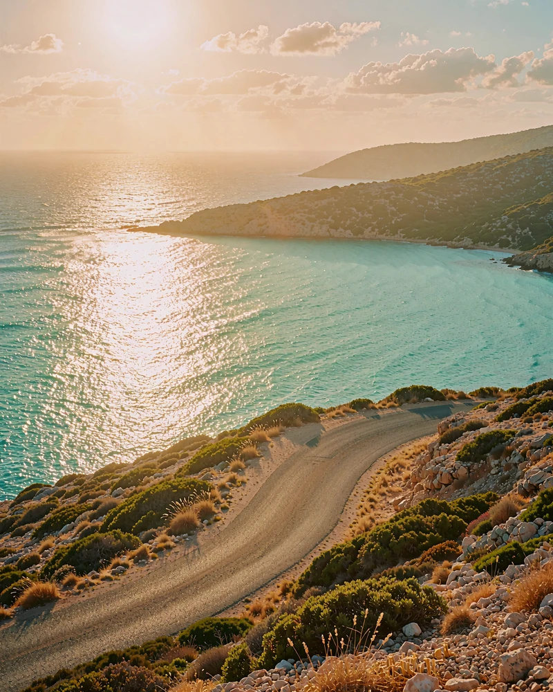 Winding coastal road along a scrub-covered headland above a turquoise bay at golden hour