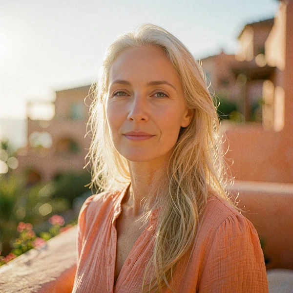 Poised woman in a coral blouse on a sunlit balcony, illustrative member portrait