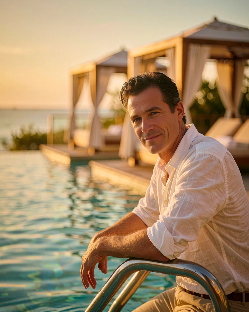 Man in his mid-forties in a white shirt leaning on a poolside railing at a luxury hotel, demo Orlando member profile photo