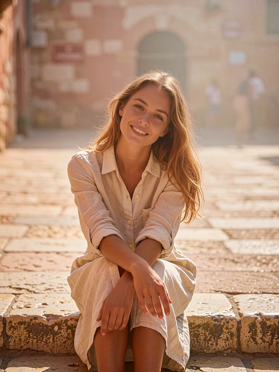 Woman with long light-brown hair sitting on stone steps in a sunlit plaza with a relaxed smile, demo member profile photo