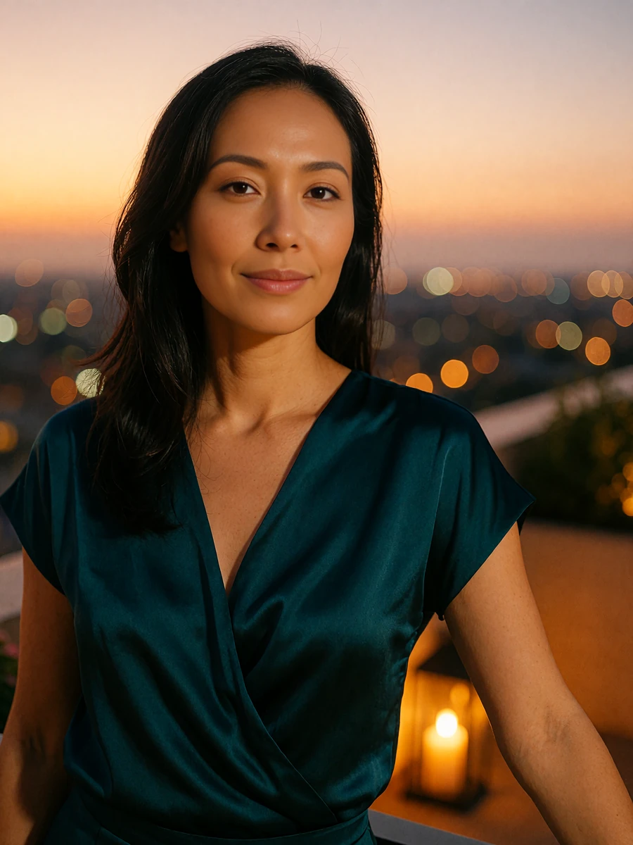 Woman with sleek black hair in a deep teal silk top on a rooftop lounge at dusk overlooking the Phoenix valley, demo Phoenix member profile photo
