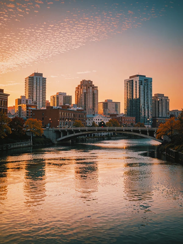 Nashville riverfront skyline at dusk with amber reflections on the water