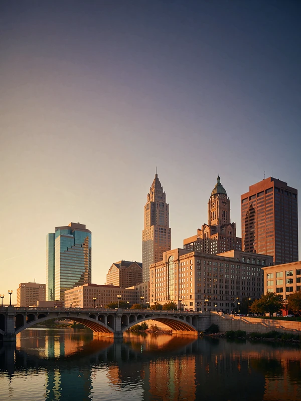 Downtown Columbus at dusk with an arched bridge and riverside towers glowing above soft reflections