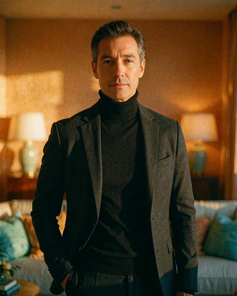Elegant man in his late forties in a black turtleneck in a warmly lit downtown penthouse, demo member profile photo
