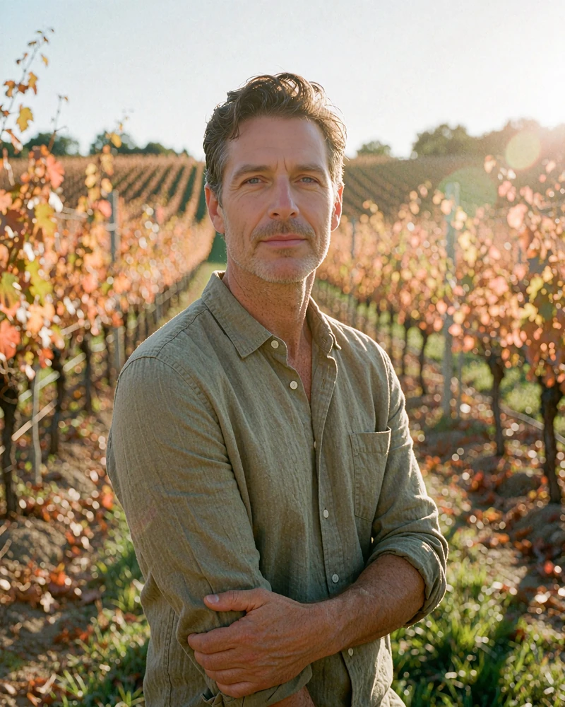 Poised man in an olive shirt standing at the edge of a sunlit vineyard, demo sugar daddy profile photo
