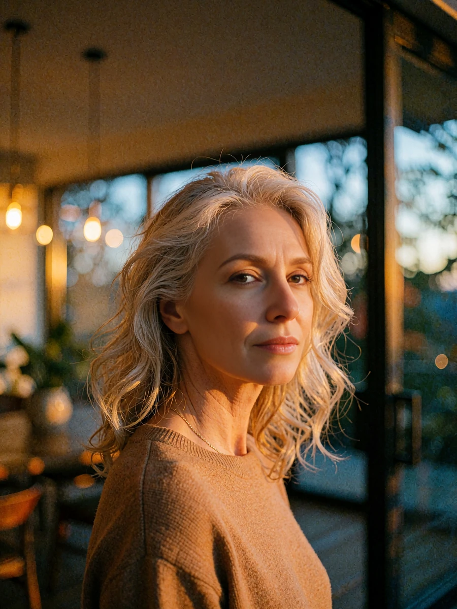 Ash-blonde woman in a camel knit glancing back inside a glass-walled interior at dusk, demo Seattle member profile photo