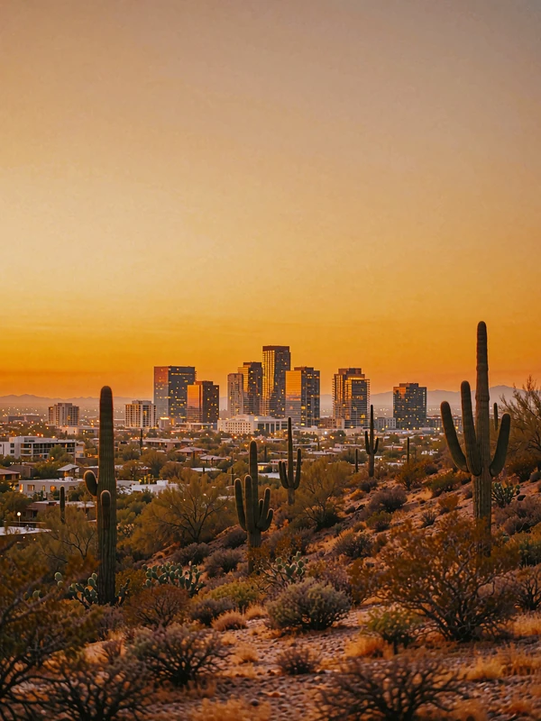 Phoenix desert skyline at dusk with saguaro silhouettes beneath an orange and violet sky