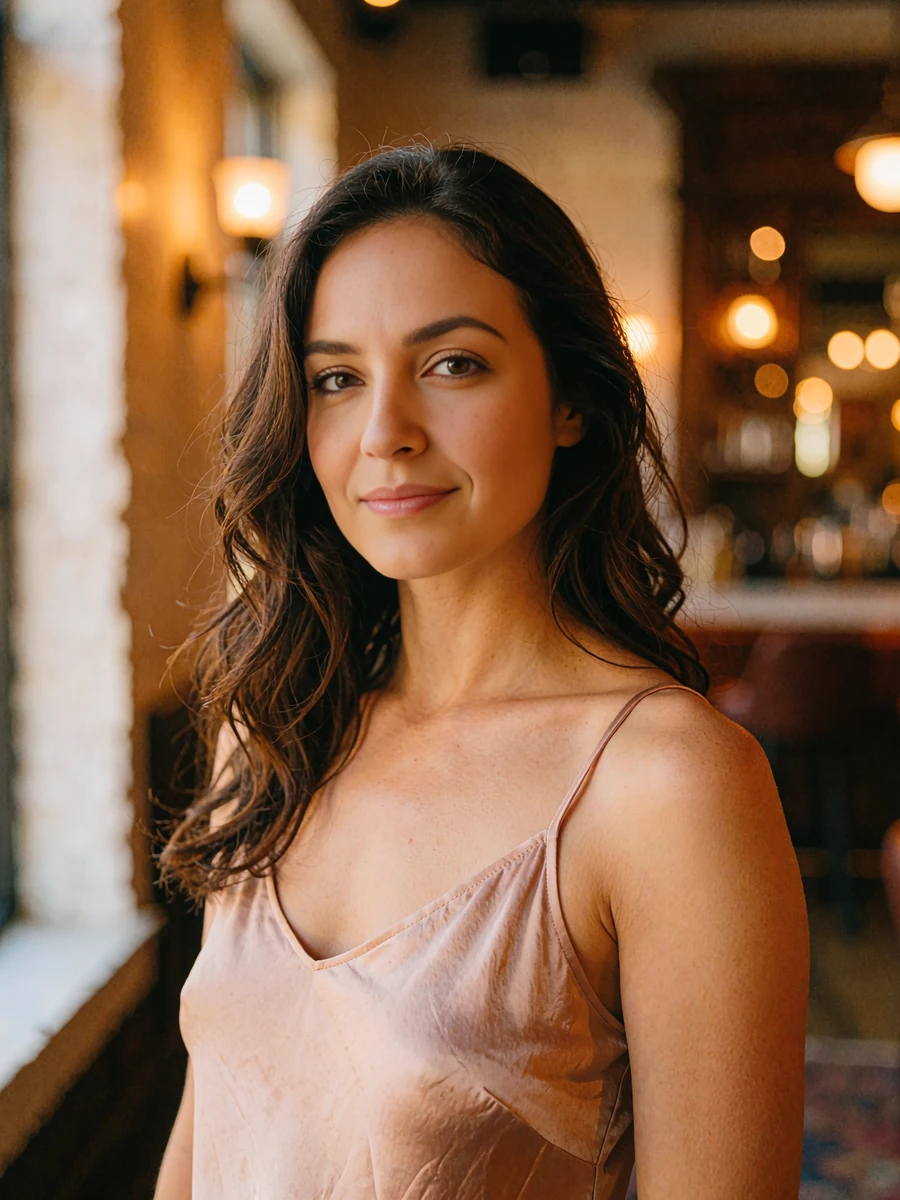 Woman with long dark chestnut waves in a blush satin camisole in a warmly lit Nashville lounge, demo member profile photo