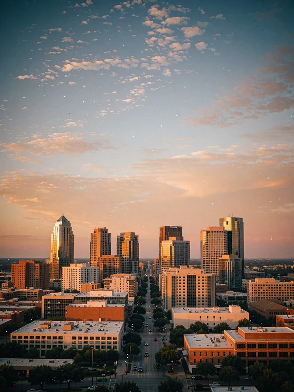 Dallas Uptown skyline glowing warm amber at dusk with tree-lined boulevards below
